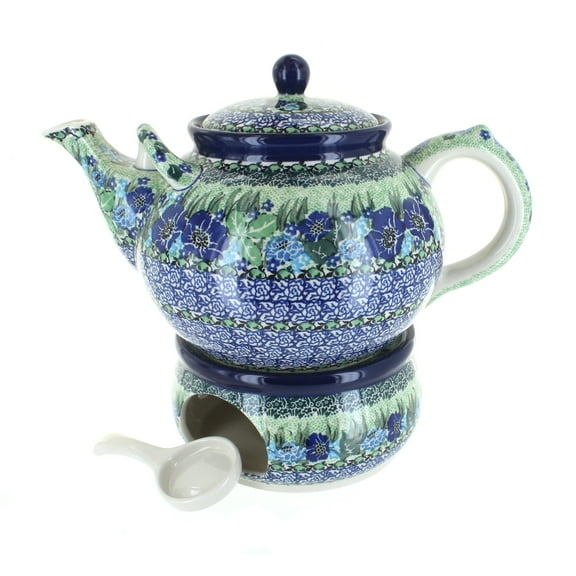 Blue Rose Polish Pottery Sapphire Fields Large Teapot & Warmer