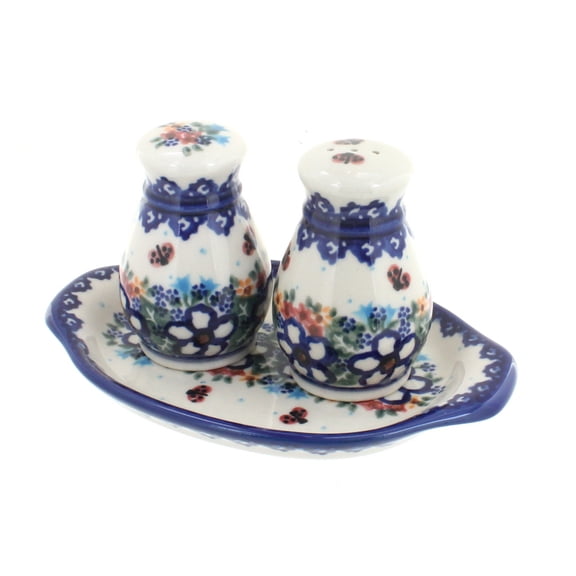 Blue Rose Polish Pottery Scarlett Salt & Pepper Shakers with Tray
