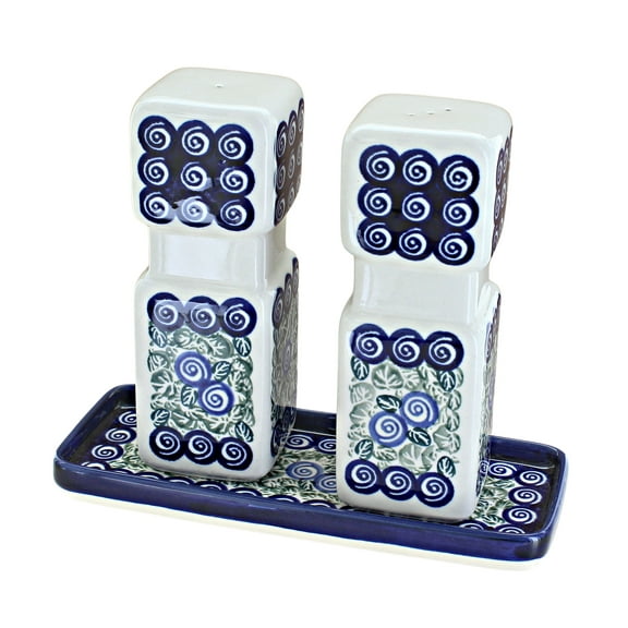 Blue Rose Polish Pottery Seaside Swirl Large Salt & Pepper Shakers with Tray