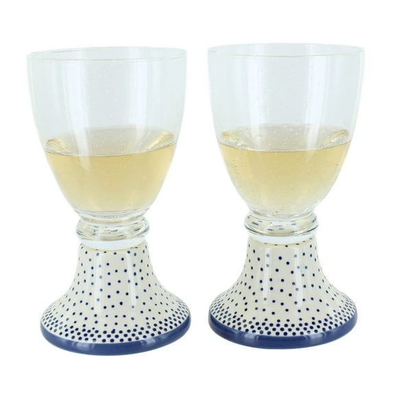 Blue Rose Polish Pottery Small Dots 2 Piece Wine Glass Set