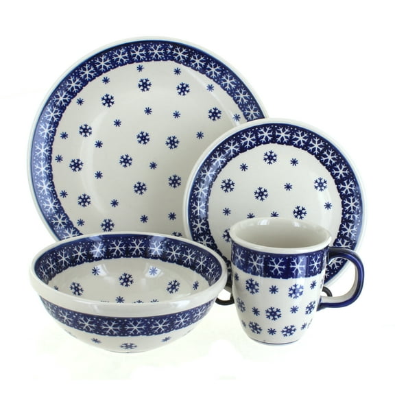 Blue Rose Polish Pottery Snow Flurry 4 Piece Place Setting - Service for 1