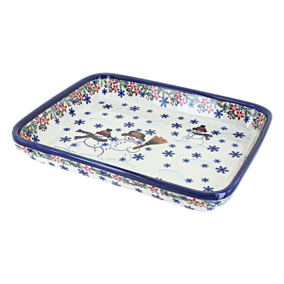Blue Rose Polish Pottery Snowflake Friends Medium Rectangular Baker