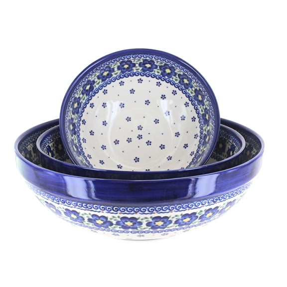 Blue Rose Polish Pottery Spring Blossom 3 Piece Serving Bowl Set