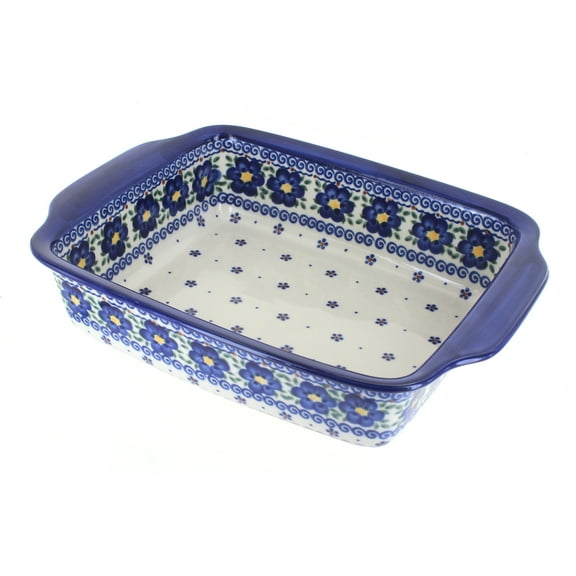 Blue Rose Polish Pottery Spring Blossom Medium Rectangular Baker with Handles