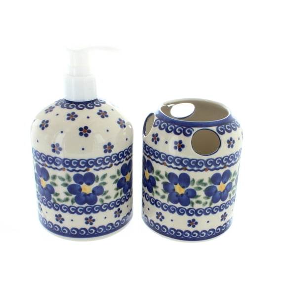 Blue Rose Polish Pottery Spring Blossom Soap Dispenser & Toothbrush Holder