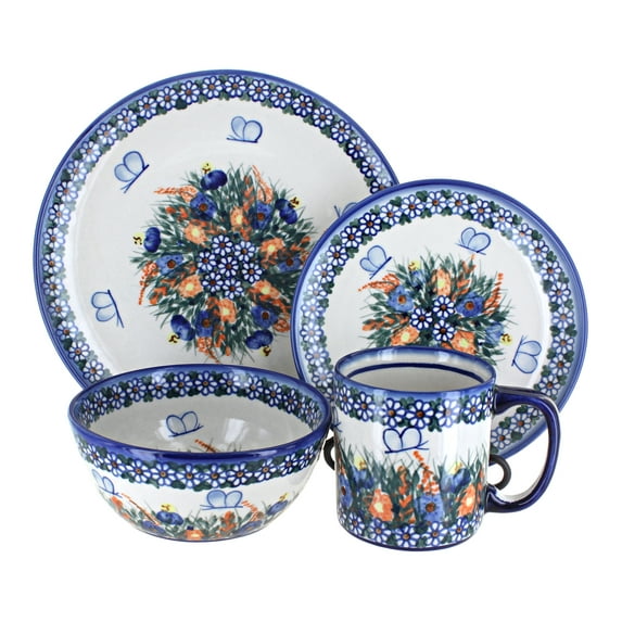 Blue Rose Polish Pottery Spring Butterfly 16 PC Dinnerware Set