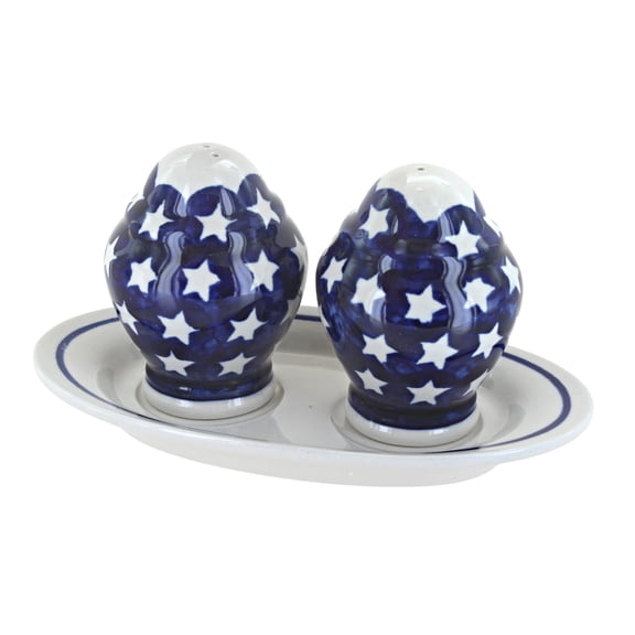Blue Rose Polish Pottery Stars Salt & Pepper Shakers with Plate