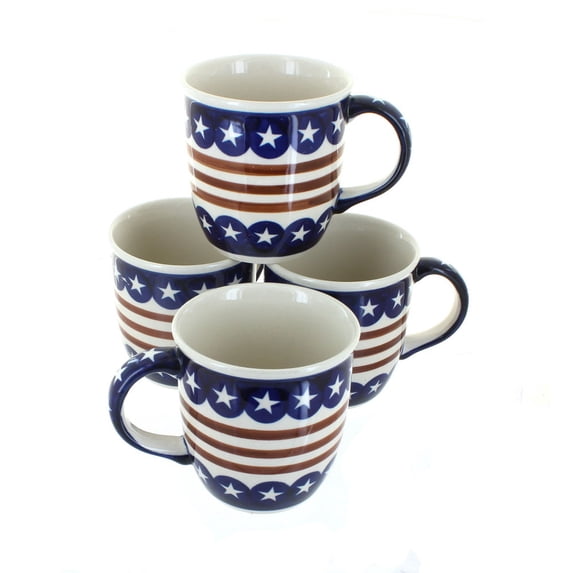 Blue Rose Polish Pottery Stars & Stripes 4 Piece Mug Set