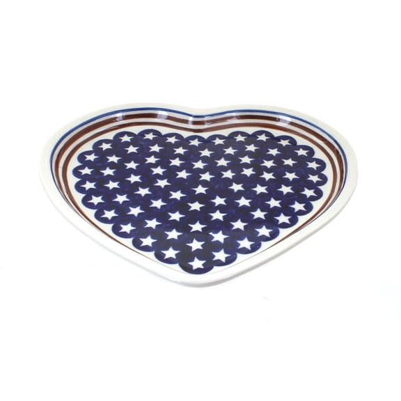 Blue Rose Polish Pottery Stars & Stripes Heart Plate