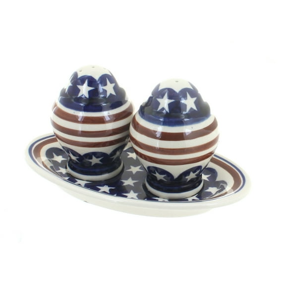 Blue Rose Polish Pottery Stars & Stripes Salt & Pepper Shakers with Dish