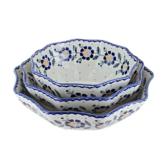 Blue Rose Polish Pottery Sunflower Decagonal Serving Bowl Set