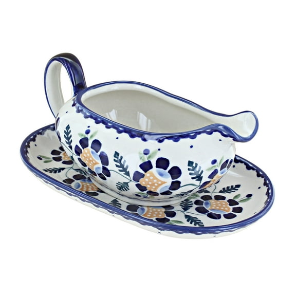 Blue Rose Polish Pottery Sunflower Gravy Boat & Plate