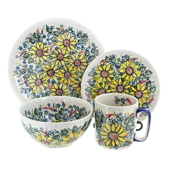 Blue Rose Polish Pottery Sunflower Maze 16 Piece Dinner Set