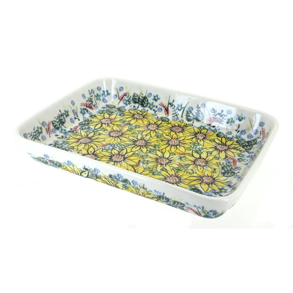 Blue Rose Polish Pottery Sunflower Maze Medium Rectangular Baker