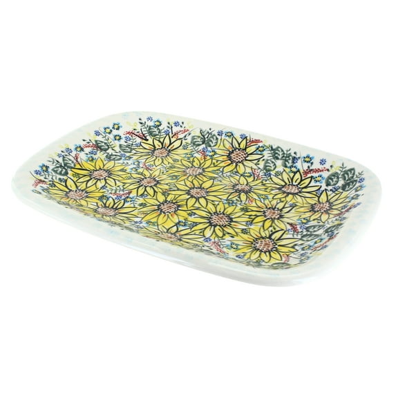 Blue Rose Polish Pottery Sunflower Maze Large Rectangular Serving Platter