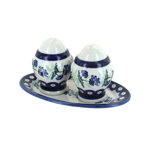 Blue Rose Polish Pottery Sweet Annie Salt & Pepper Shakers with Plate