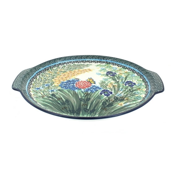 Blue Rose Polish Pottery Teresa Round Serving Tray with Handles