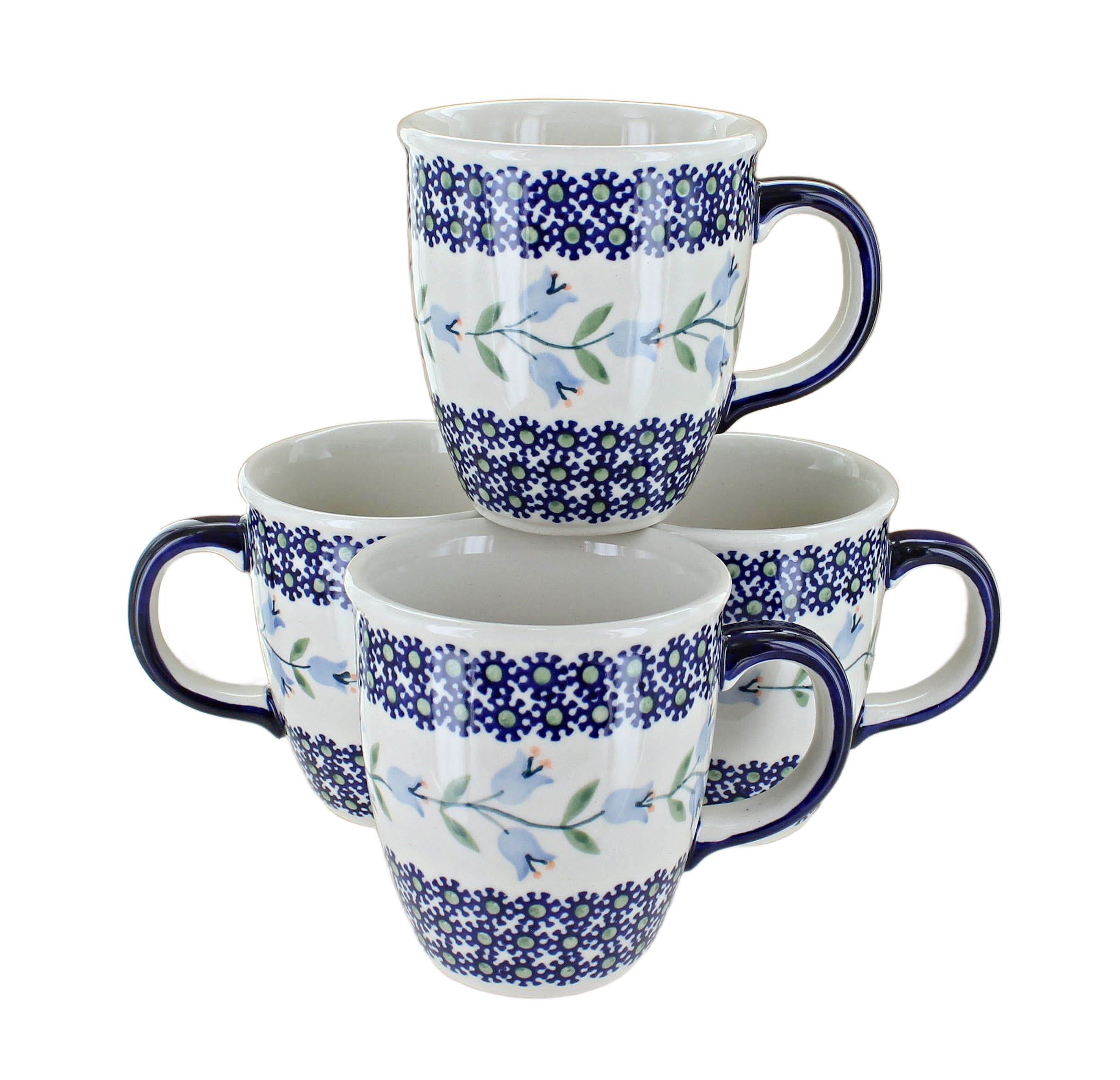 Handcrafted Blue Floral Ceramic Mug Set, 8 oz, 4 Pieces