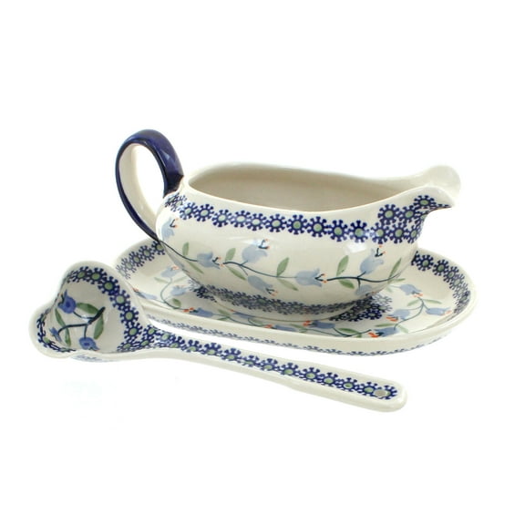 Blue Rose Polish Pottery Tulip Gravy Boat & Ladle