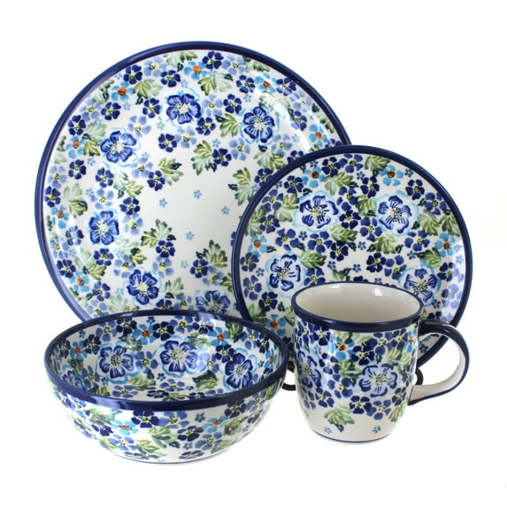 Blue Rose Polish Pottery Vintage Violet  4 PC Place Setting - Service for 1