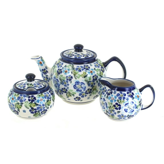 Blue Rose Polish Pottery Vintage Violet Three Piece Tea Set