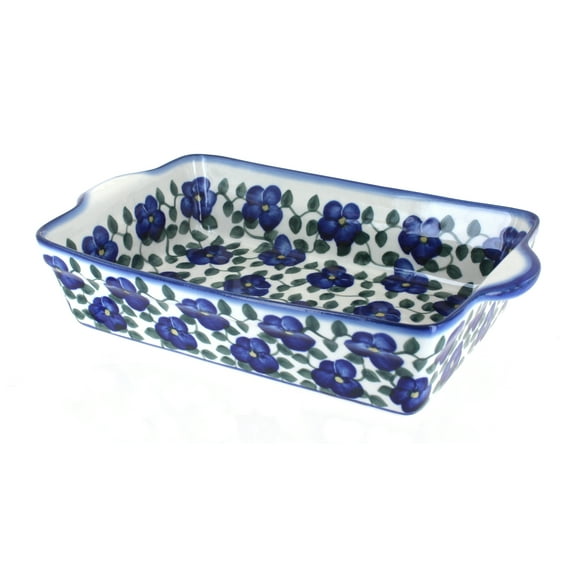 Blue Rose Polish Pottery Violets Loaf Baker with Handles