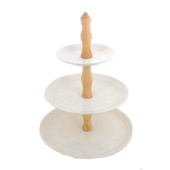 Blue Rose Polish Pottery White Lace 3 Tier Dessert Stand