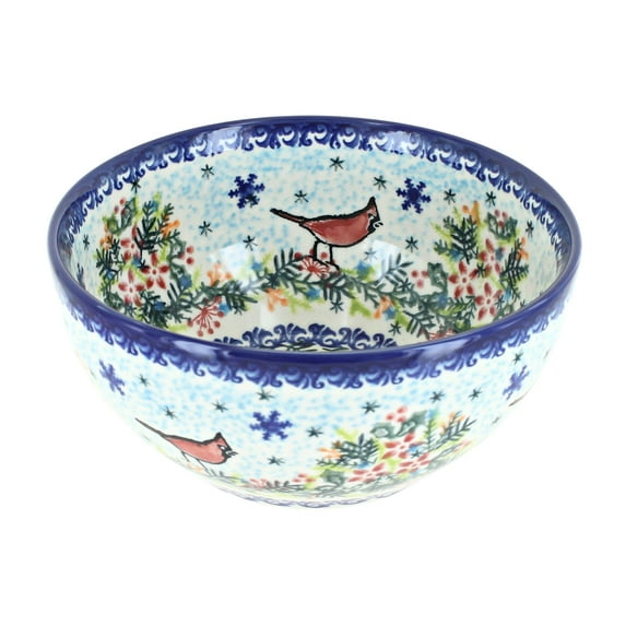 Blue Rose Polish Pottery Winter Cardinal Cereal/Soup Bowl