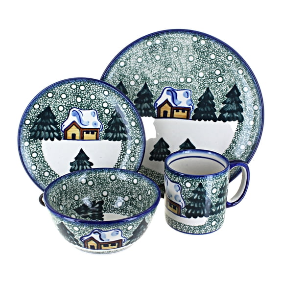 Blue Rose Polish Pottery Winter Forest 4 PC Place Setting - Service for 1 - Green