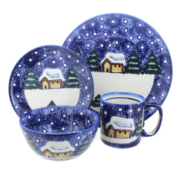 Blue Rose Polish Pottery Winter Forest 4 PC Place Setting - Service for 1