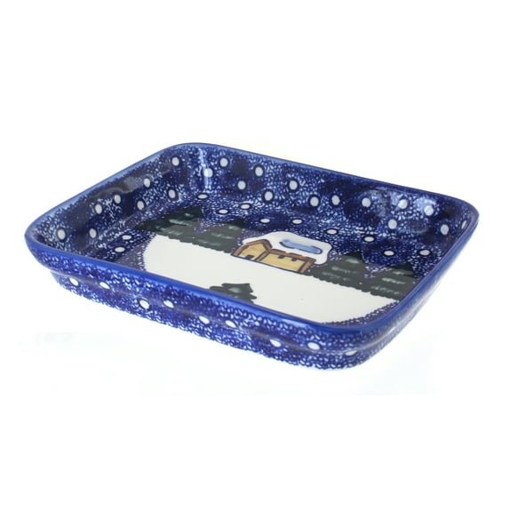 Blue Rose Polish Pottery Winter Forest Medium Rectangular Baker