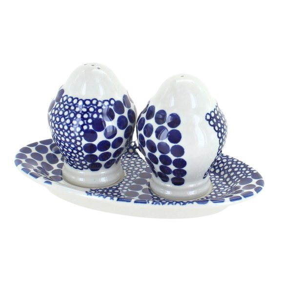 Blue Rose Polish Pottery Zara Salt & Pepper Shakers with Plate