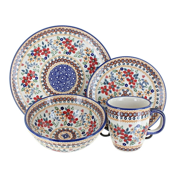 Blue Rose Pottery 1000-DPLC-4 Manufaktura Polish Pottery Red Daisy Dinner Set, Blue, 6 Piece