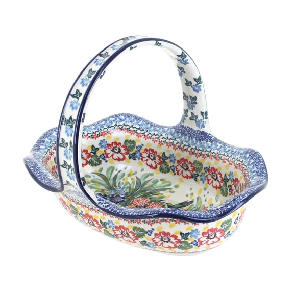 Blue Rose Pottery Basket, Handcrafted Ceramic, Multi Purpose Decorative Basket