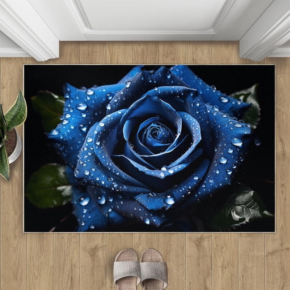 Blue Rose Rugs for Entryway - 3D Roses Area Rug, 3x4 Rug, Black Background Washable Non Slip Rugs, Black Blue Carpet, Modern Floral Carpet - Wedding Valentines Day Home Decor Gifts for Women