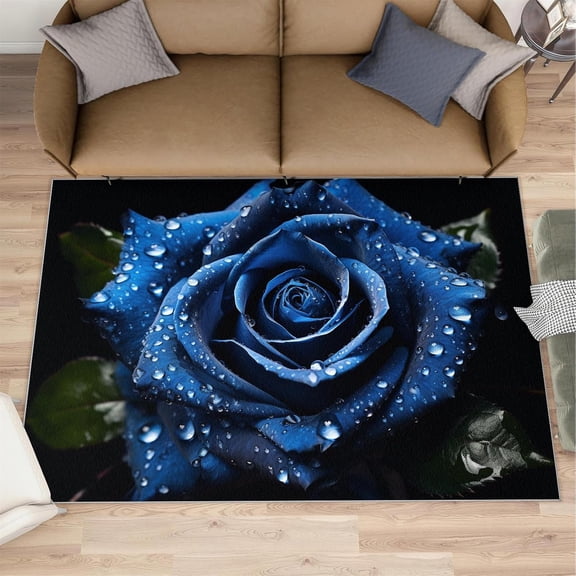 Blue Rose Rugs for Living Room - 3D Roses Area Rug, 3x5 Rug, Black Background Washable Non Slip Rugs, Black Blue Carpet, Modern Floral Carpet - Wedding Valentines Day Home Decor Gifts for Women