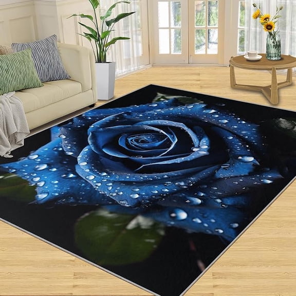 Blue Rose Rugs for Living Room - 3D Roses Area Rug, Black Background Washable Non Slip Rugs, Black Blue Carpet, Modern Floral Carpet - Wedding Valentine's Day Home Decor Gifts for Women 5 x 8ft