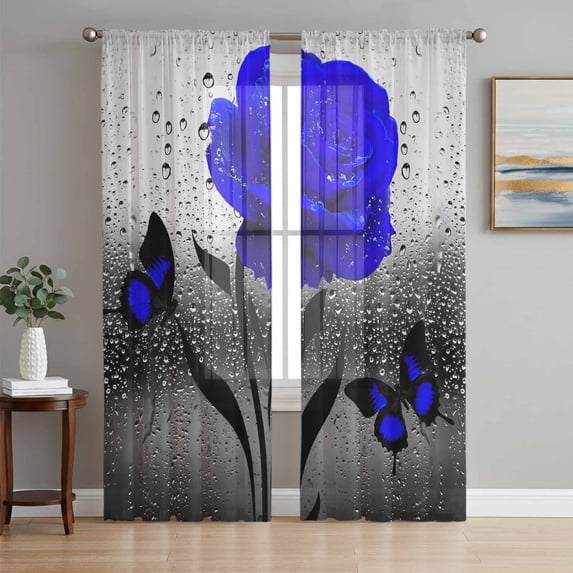 Blue Rose Sheer Curtains 84 Inch Length 2 Panels Set Window Treatments, Flower Raindrops Butterfly Grey Art Rod Pocket Semi Curtains for Living Room/Bedroom/Kitchen Décor, 104"W x 84"L