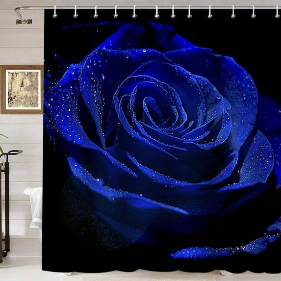Blue Rose Shower Curtain, Elegant Blooming Floral with Dew Spring Flower Modern Romantic Valentine''s Day Bathroom Decor, Waterproof Polyester Fabric Black Shower Curtain, 72 X 72 Inch, Rose