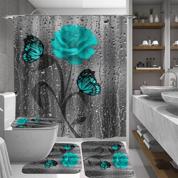 Blue Rose Shower Curtain Set Butterfly Bathroom Curtain with Hooks Durable Waterproof Polyester Bath Curtain with Rugs Toilet Lid Cover Bath Mat Large Size,FLM014