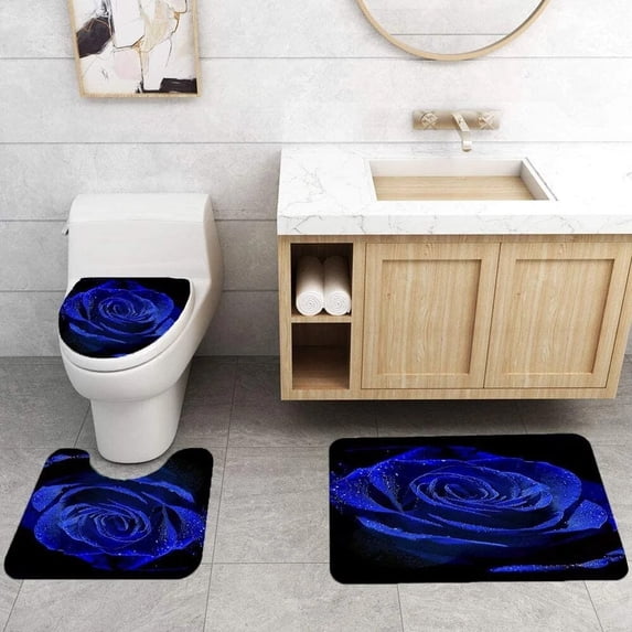 Blue Rose Shower Curtain Set Dewy Floral Valentine's Day Bathroom Bathtub Curtains Non-slip Flower Rug Bath Mat Toilet Lid Cover