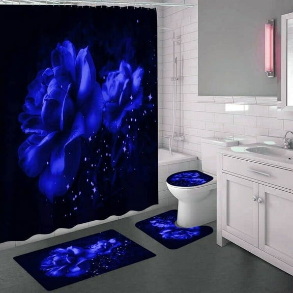 Blue Rose Shower Curtain Sets with Non-Slip Rugs, Toilet Lid Cover and Bath Mat,Flower NauticalShower Curtains with 12 Hook s, Durable Waterproof Bath