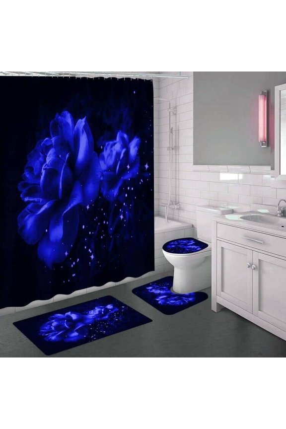 Blue Rose Shower Curtain Sets with Non-Slip Rugs, Toilet Lid Cover and Bath Mat,Flower NauticalShower Curtains with 12 Hook s, Durable Waterproof Bath