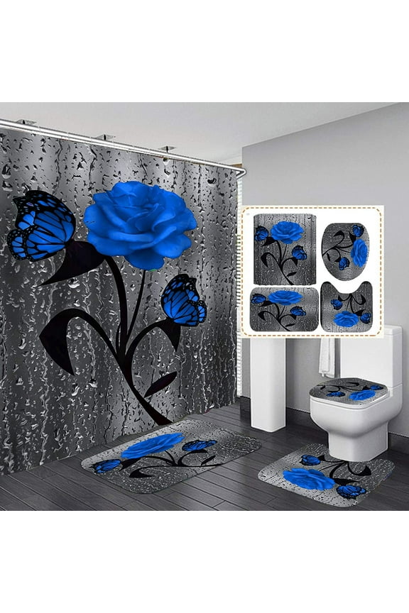 Blue Rose Shower Curtain Sets with Non-Slip Rugs, Toilet Lid Cover and Bath Mat, Nautical Ocean Shower Curtains with 12 Hook s, Durable Waterproof Bath Curtain (Blue Rose)…
