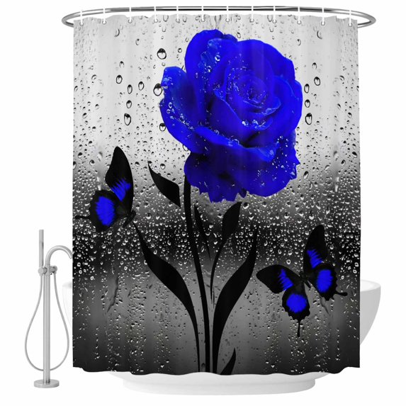 Blue Rose Shower Curtain, Waterproof Shower Curtains for Bathroom, Flower Raindrops Butterfly Grey Art Washable Fabric Bathtub Curtain Set Bath Decor with 12 Hooks Extra Long 72"x96"