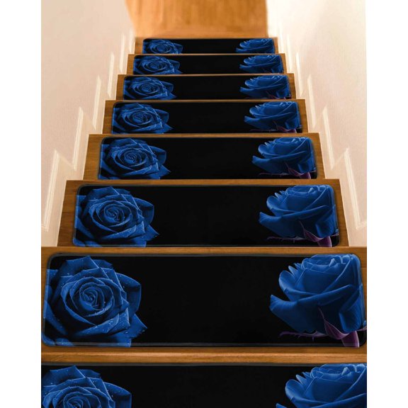 Blue Rose Stair Treads Non Slip Runners Rugs, 4 Pcs Carpet for Stairs with Adhesive, Vintage Abstract Garden Flower Floral Black Stair Mats Pads Indoor Stair Treads for Wooden Steps 8"x30"