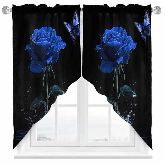 Blue Rose Swag Kitchen Curtain Valances, Butterfly Splash Rod Pocket Curtains Window Treatment Decor Valances for Bedroom Bathroom, 2 Panels 36 x 63 Inch