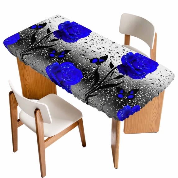 Blue Rose Table Cloths for 4 Foot Rectangle Tables, Flower Raindrops Butterfly Grey Art Patio Waterproof Elastic Fitted Tablecloths, Washable Rectangular Table Cover for Camping