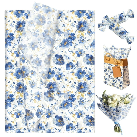 Blue Rose Tissue Paper - Elegant Blue & Gold Floral Print for Party Decor & Gift Wrapping