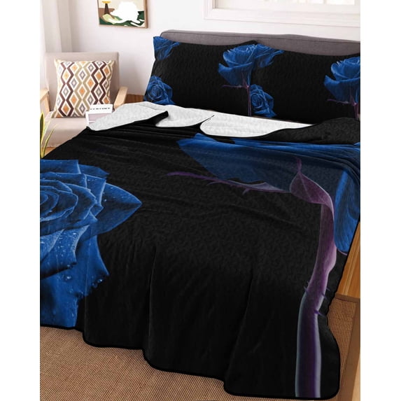 Blue Rose Twin Size Down Alternative Comforter, Lightweight Comforter Quilt Bedding Set with Pillow Shams Vintage Abstract Garden Flower Floral Black All Seasons Bed Comforter Duvet Insert 68"x86"